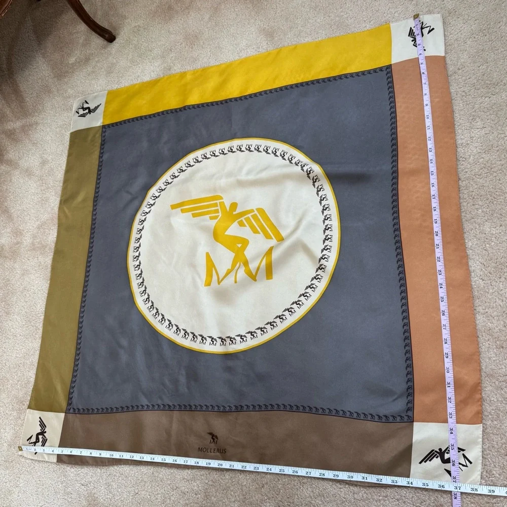 RARE Maison Mollerus Silk Scarf Square Logo Print Hand Rolled Brown Yellow